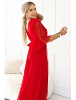 655-5 Dlouhé světlé třpytivé šaty s výstřihem a průhlednými rukávy - červené