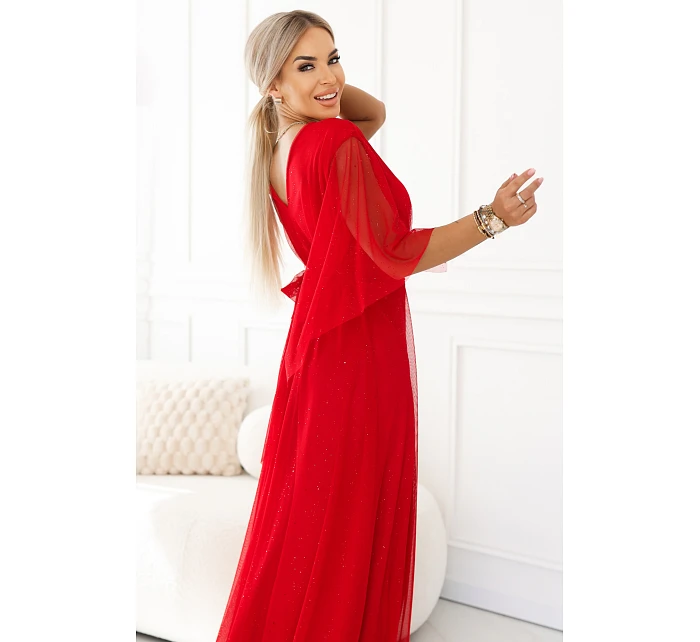 655-5 Dlouhé světlé třpytivé šaty s výstřihem a průhlednými rukávy - červené