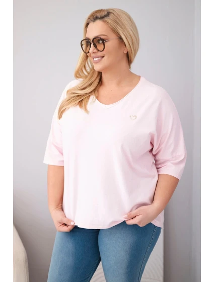 Dámská bavlněná oversize halenka Plus Size s výstřihem do V bonbónová růžová