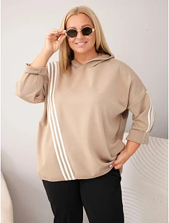 Dámská plus size mikina s kapucí a ozdobnými pásky z viskózy camelová