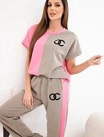 Dámský komplet máslový s oversize mikinou a širokými kalhotami růžový + fango