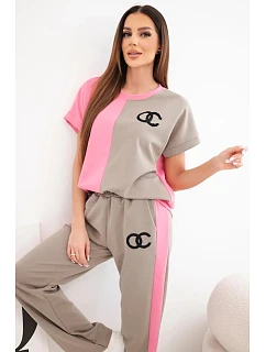 Dámský komplet máslový s oversize mikinou a širokými kalhotami růžový + fango