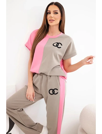 Dámský komplet máslový s oversize mikinou a širokými kalhotami růžový + fango Dámský komplet máslový s oversize mikinou a širokými kalhotami růžový + fango