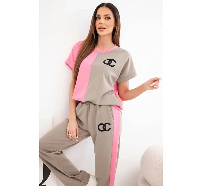 Dámský komplet máslový s oversize mikinou a širokými kalhotami růžový + fango Dámský komplet máslový s oversize mikinou a širokými kalhotami růžový + fango
