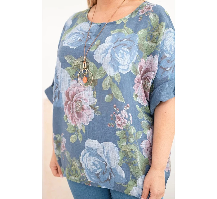 Dámská bavlněná blůzka Plus Size s krátkým rukávem a květinovým vzorem džínová