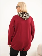 Dámská mikina Plus Size viskózová s kapucí a vložkami s leopardím vzorem bordó červená