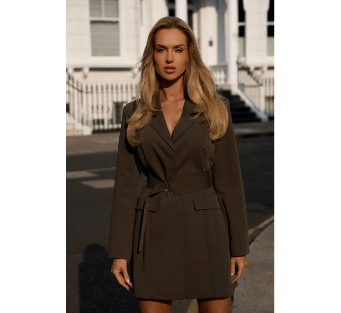 M749 Blejzrové šaty s páskem - khaki barva M749 Blejzrové šaty s páskem - khaki barva
