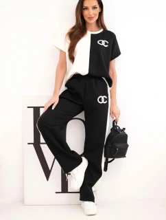 Dámský máslový komplet s oversize mikinou a širokými kalhotami ecru + černý