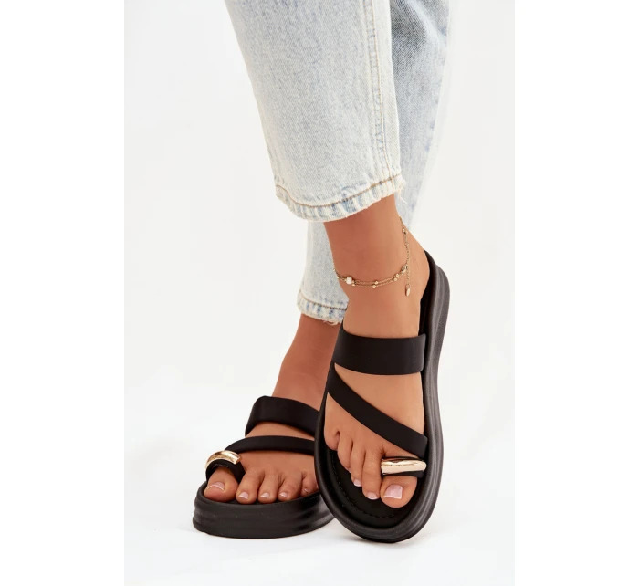 Materiálové dámské pantofle s pásky a zlatým detailem Černé Farielle