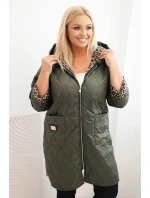 Dámská prošívaná bunda Plus Size s podšívkou v leopardím vzoru a kapucí khaki