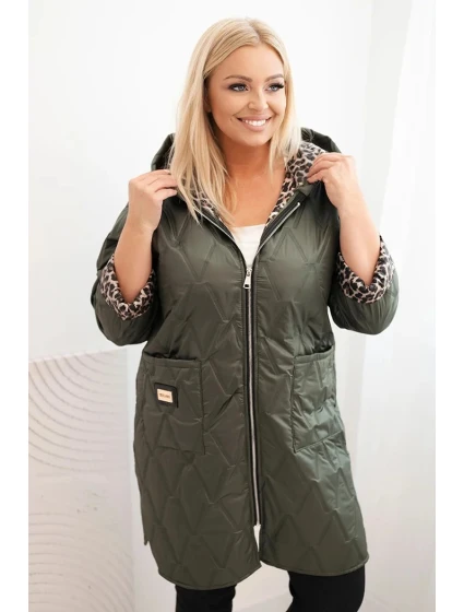 Dámská prošívaná bunda Plus Size s podšívkou v leopardím vzoru a kapucí khaki