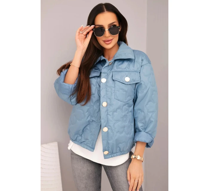 Dámská jarní prošívaná bunda s květinovým vzorem džínová zelená