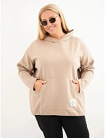Dámská mikina Plus Size viskózová s kapucí a klokaní kapsou camelová Dámská mikina Plus Size viskózová s kapucí a klokaní kapsou camelová