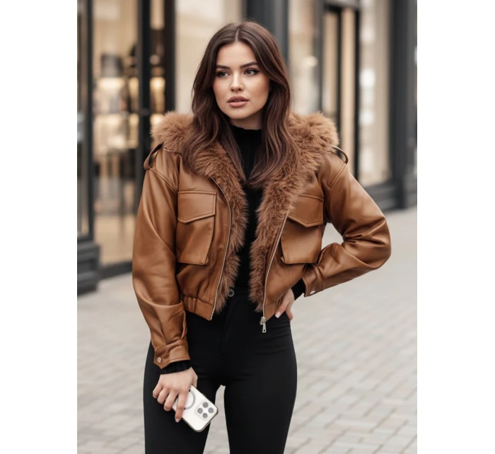 Dámská kožená bunda s kožešinou hnědá model 21995411 - Dstreet