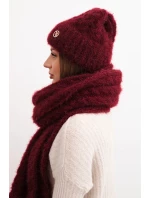 Dámská souprava čepice a šála s proužkem a ozdobou bordový
