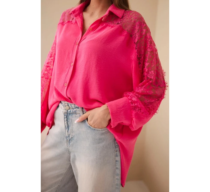 Dámská viskózová košile s krajkovými rukávy a límečkem béžová