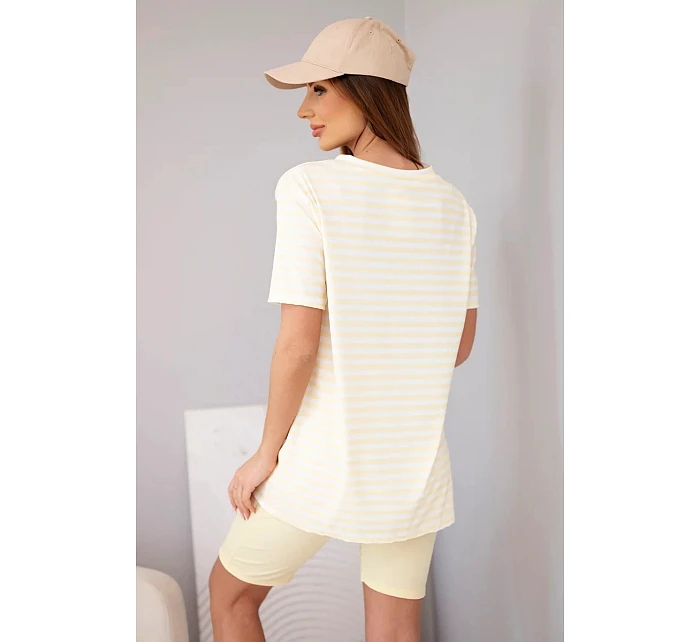 Dámský viskózový pruhovaný komplet s krátkým rukávem a šortkami žlutý