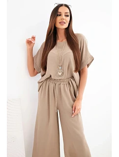 Dámský viskózový komplet: halenka s krátkým rukávem a kalhoty se širokou nohavicí fango