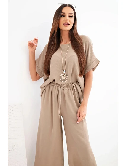 Dámský viskózový komplet: halenka s krátkým rukávem a kalhoty se širokou nohavicí fango