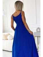 CHIARA - Elegantní dlouhé dámské maxi šaty v chrpové barvě s brokátem na ramínkách 299-17