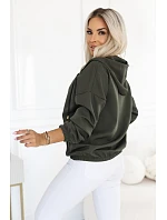 691-4 Rozpinana bluza damska z kapturem i ozdobnym zamkiem - khaki