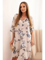 Dámská bavlněná šaty s květinovým vzorem a 3/4 rukávem béžová
