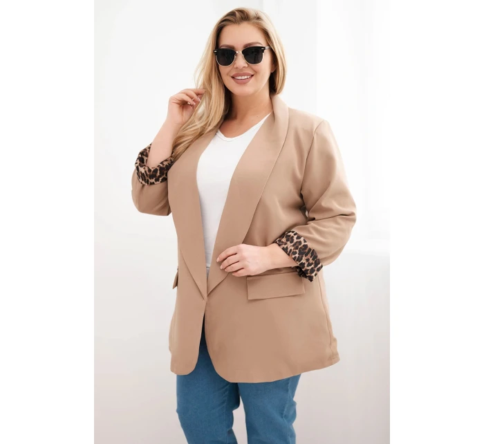 Dámská bunda Plus Size s podšívkou v leopardím vzoru camelová Dámská bunda Plus Size s podšívkou v leopardím vzoru camelová