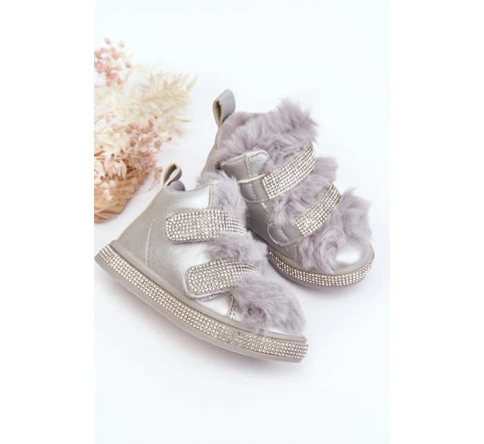 Kožené dětské zimní boty s kožíškem Stříbrné model 21641902 - Boto