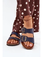 Dámské pantofle na korkové platformě s přezkami – tmavě modré Dámské pantofle na korkové platformě s přezkami – tmavě modré