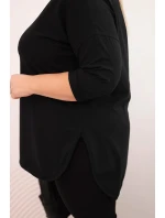 Dámská bavlněná blůza Plus Size s výstřihem do V a ohrnutým rukávem černá