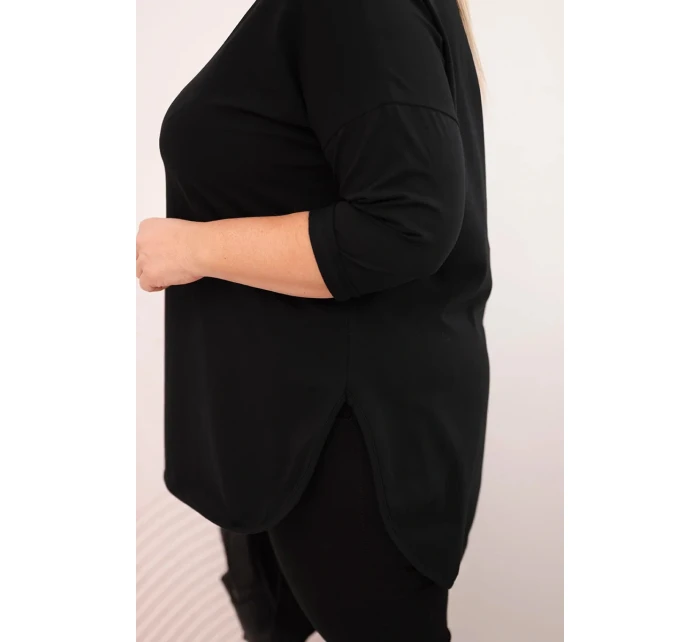 Dámská bavlněná blůza Plus Size s výstřihem do V a ohrnutým rukávem černá