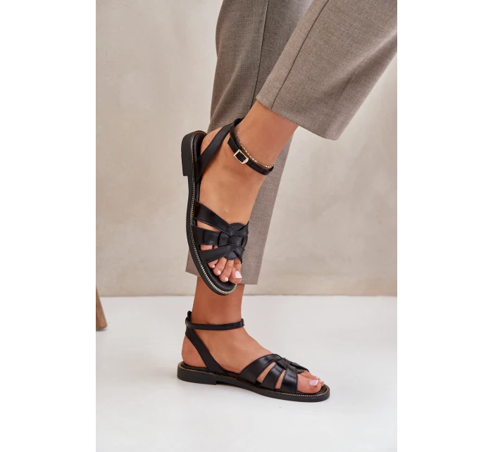 Zazoo model 21682196 Ploché Dámské Kožené Sandály Černé - Boto Zazoo model 21682196 Ploché Dámské Kožené Sandály Černé - Boto