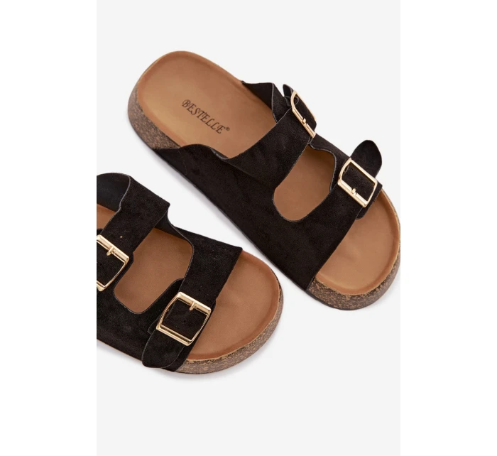 Dámské pantofle na korkové platformě se zlatými sponami Černé Tovessa Dámské pantofle na korkové platformě se zlatými sponami Černé Tovessa