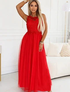 672-5 Romantické svatební maxi šaty s vyšívanou krajkou a tylem - červené