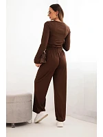 Dámský viskózový komplet s blůzou a širokými kalhotami hnědý