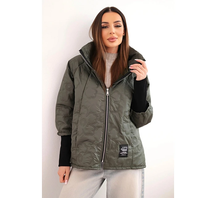 Dámská jarní prošívaná bunda s ozdobnou model 22040172 a zipem khaki - K-Fashion