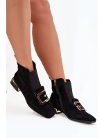 Kožené semišové dámské kotníky na nízkém podpatku s ozdobou D&A MR52-217 Černé