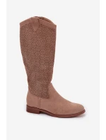Dámské kozačky s krajkovým vzorem na plochém podpatku model 21998027 Béžové - S.Barski Dámské kozačky s krajkovým vzorem na plochém podpatku model 21998027 Béžové - S.Barski