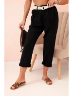 Dámské lněné kalhoty s bavlnou a páskem černé