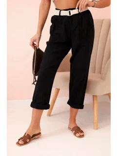 Dámské lněné kalhoty s bavlnou a páskem černé