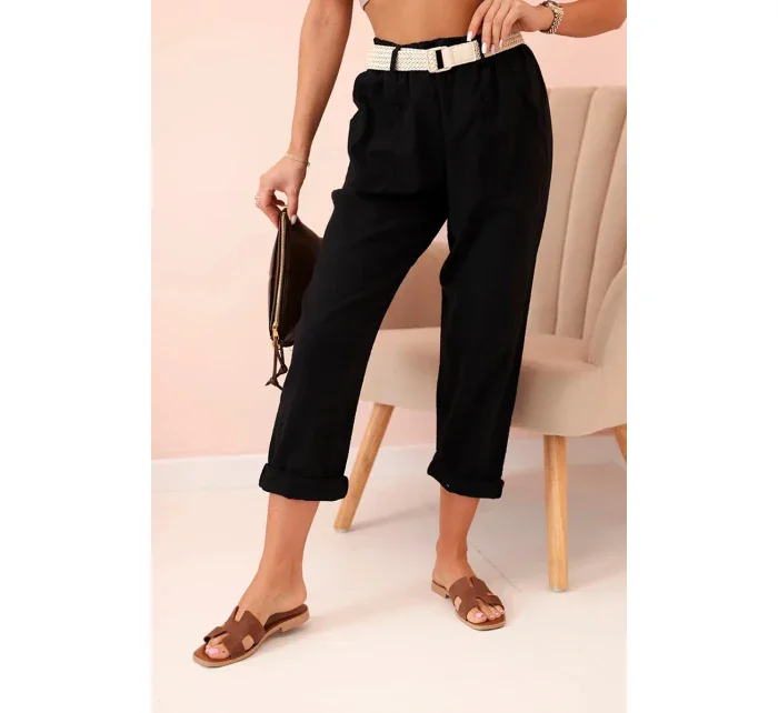 Dámské lněné kalhoty s bavlnou a páskem černé