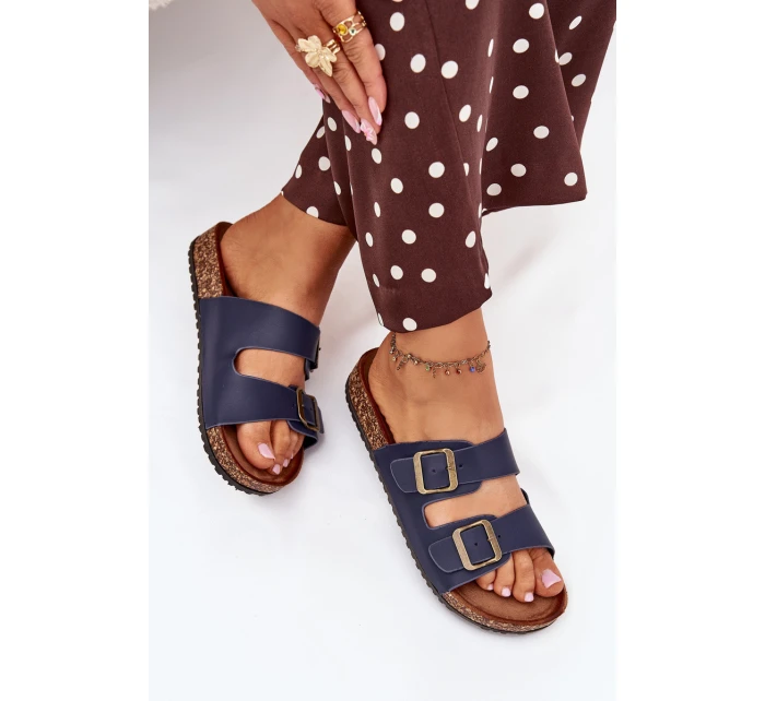 Dámské pantofle na korkové platformě s přezkami tmavě modré model 21704319 - EVENTO