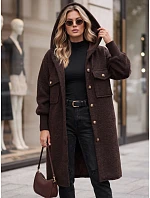 Dámský dlouhý kabát z ovčí kůže s kapucí, čokoládově hnědý, FashionStreet NY0797 Dámský dlouhý kabát z ovčí kůže s kapucí, čokoládově hnědý, FashionStreet NY0797