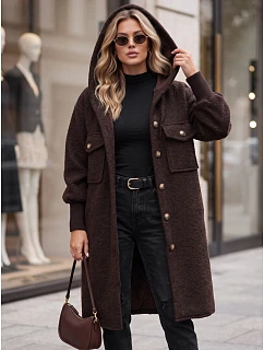 Dámský dlouhý kabát z ovčí kůže s kapucí, čokoládově hnědý, FashionStreet NY0797