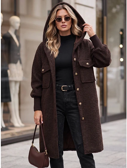 Dámský dlouhý kabát z ovčí kůže s kapucí, čokoládově hnědý, FashionStreet NY0797 Dámský dlouhý kabát z ovčí kůže s kapucí, čokoládově hnědý, FashionStreet NY0797