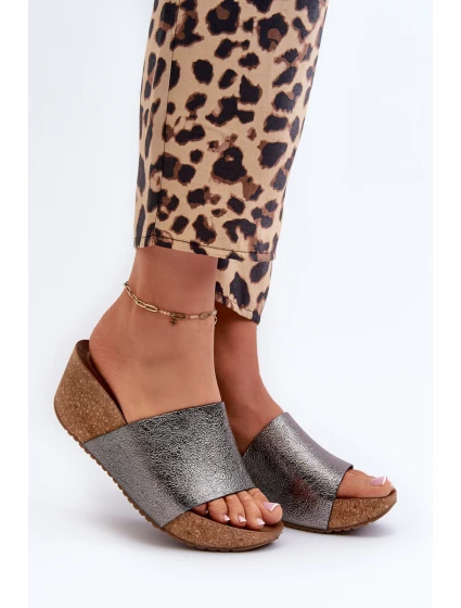 Zazoo 40291 Kožené Dámské Žabky na Korkové Platformě Grafitové