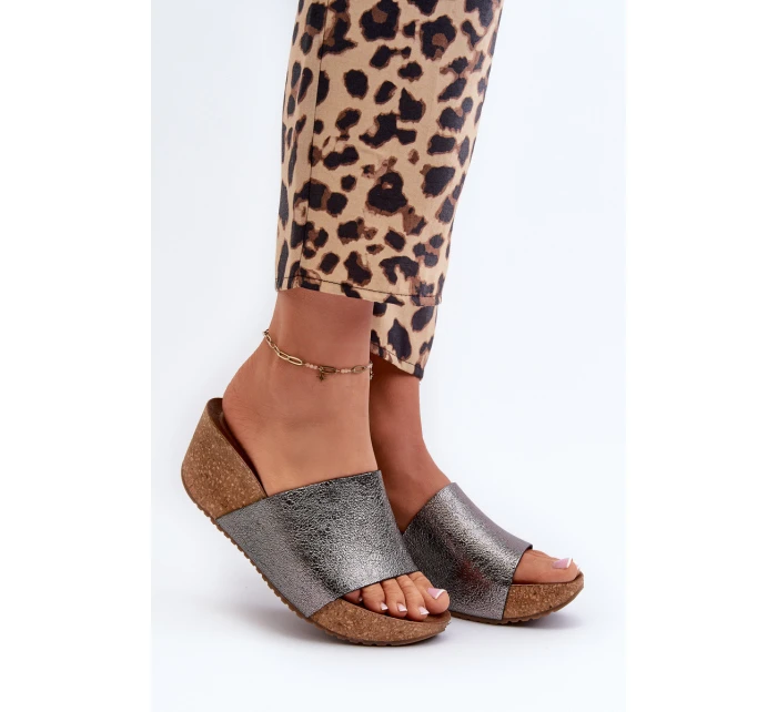 Zazoo 40291 Kožené Dámské Žabky na Korkové Platformě Grafitové