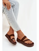 Dámské látkové pantofle s pásky a zlatým detailem čokoládové Farielle