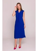 S410 Šaty áčkového střihu s vázáním a výstřihem do V - královsky modré