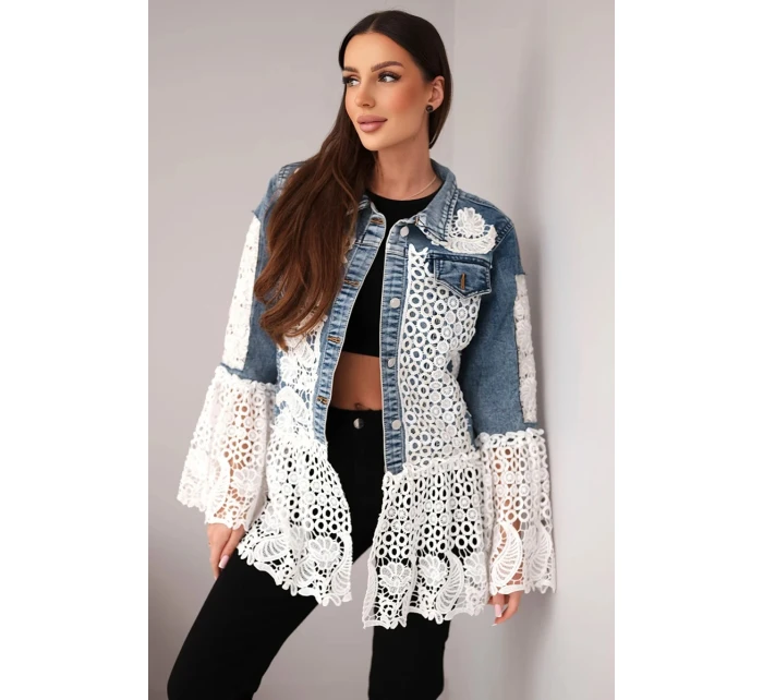Dámská džínová bunda z bavlny a krajkovým vzorem tmavě džínová